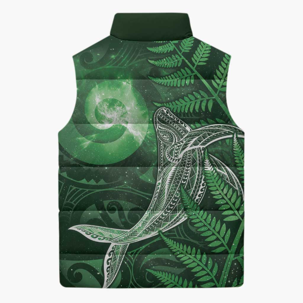 New Zealand Matariki Sleeveless Puffer Jacket Maori Koru With Humpback Whale Green LT05 - Polynesian Pride