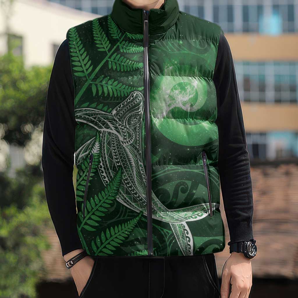 New Zealand Matariki Sleeveless Puffer Jacket Maori Koru With Humpback Whale Green LT05 - Polynesian Pride