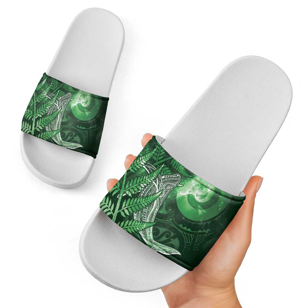New Zealand Matariki Slide Sandals Maori Koru With Humpback Whale Green