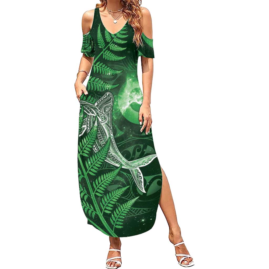 New Zealand Matariki Summer Maxi Dress Maori Koru With Humpback Whale Green LT05 Women Green - Polynesian Pride