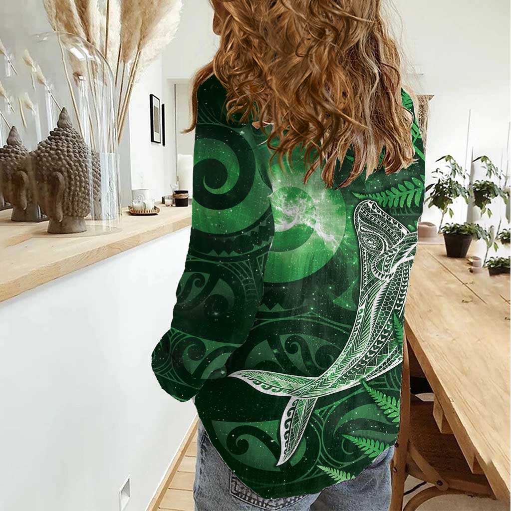 New Zealand Matariki Women Casual Shirt Maori Koru With Humpback Whale Green