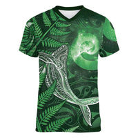 New Zealand Matariki Women V-Neck T-Shirt Maori Koru With Humpback Whale Green