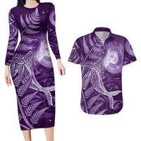 New Zealand Matariki Couples Matching Long Sleeve Bodycon Dress and Hawaiian Shirt Maori Koru With Humpback Whale Purple