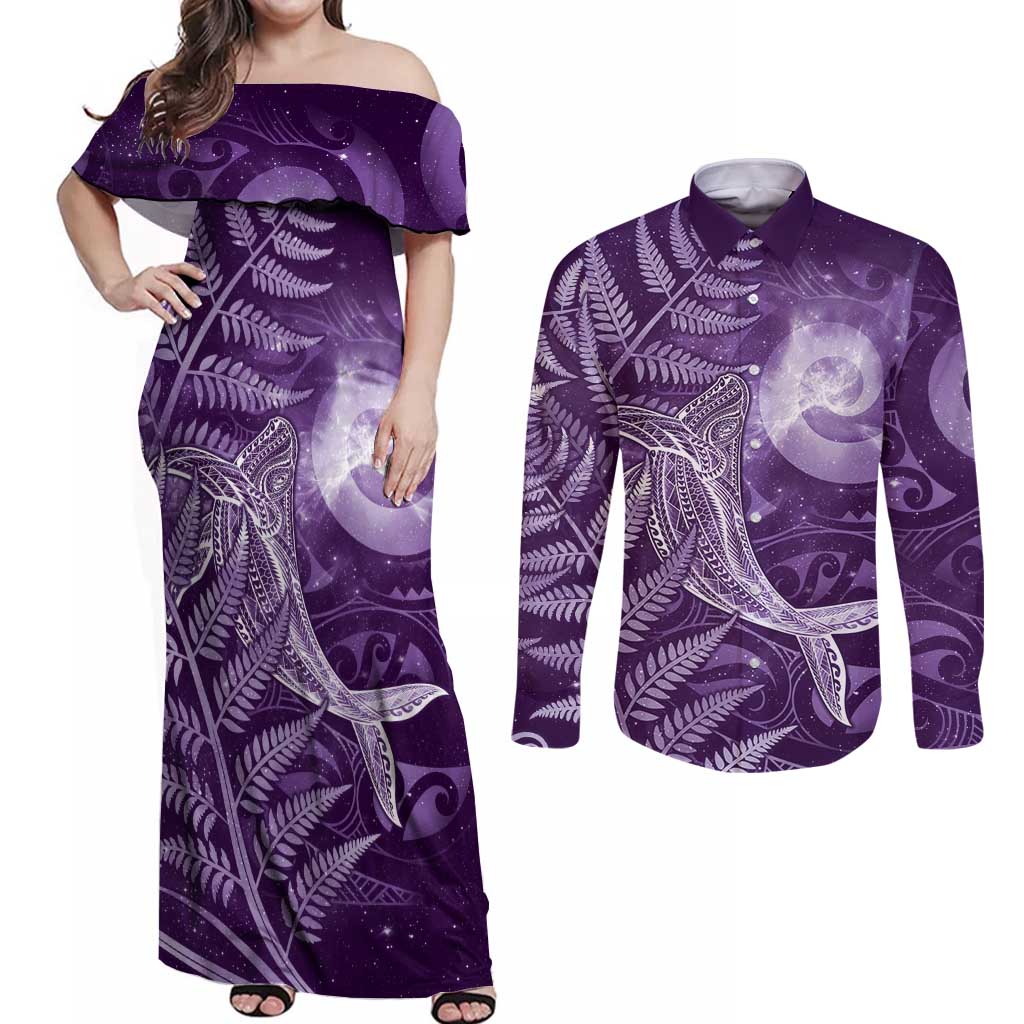 New Zealand Matariki Couples Matching Off Shoulder Maxi Dress and Long Sleeve Button Shirt Maori Koru With Humpback Whale Purple LT05 Purple - Polynesian Pride