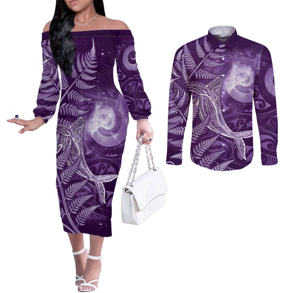New Zealand Matariki Couples Matching Off The Shoulder Long Sleeve Dress and Long Sleeve Button Shirt Maori Koru With Humpback Whale Purple LT05 Purple - Polynesian Pride