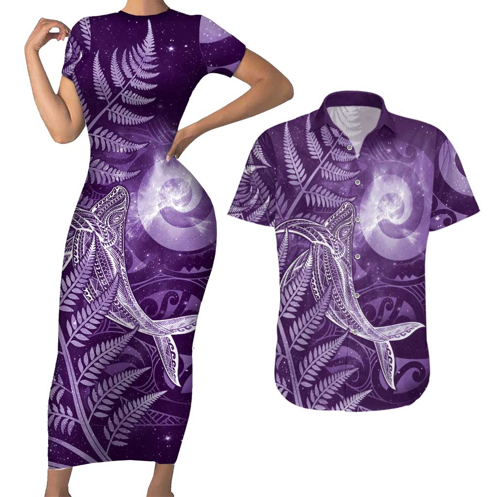 New Zealand Matariki Couples Matching Short Sleeve Bodycon Dress and Hawaiian Shirt Maori Koru With Humpback Whale Purple LT05 Purple - Polynesian Pride