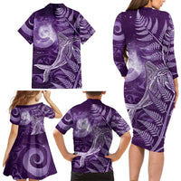 New Zealand Matariki Family Matching Long Sleeve Bodycon Dress and Hawaiian Shirt Maori Koru With Humpback Whale Purple