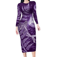 New Zealand Matariki Family Matching Long Sleeve Bodycon Dress and Hawaiian Shirt Maori Koru With Humpback Whale Purple