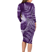 New Zealand Matariki Family Matching Long Sleeve Bodycon Dress and Hawaiian Shirt Maori Koru With Humpback Whale Purple