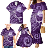 New Zealand Matariki Family Matching Mermaid Dress and Hawaiian Shirt Maori Koru With Humpback Whale Purple