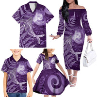 New Zealand Matariki Family Matching Off The Shoulder Long Sleeve Dress and Hawaiian Shirt Maori Koru With Humpback Whale Purple