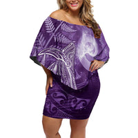 New Zealand Matariki Family Matching Off Shoulder Short Dress and Hawaiian Shirt Maori Koru With Humpback Whale Purple