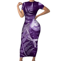 New Zealand Matariki Family Matching Short Sleeve Bodycon Dress and Hawaiian Shirt Maori Koru With Humpback Whale Purple