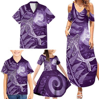 New Zealand Matariki Family Matching Summer Maxi Dress and Hawaiian Shirt Maori Koru With Humpback Whale Purple