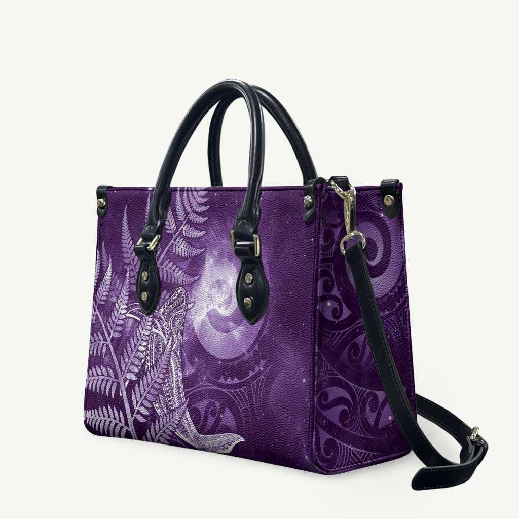 New Zealand Matariki Leather Bag Maori Koru With Humpback Whale Purple