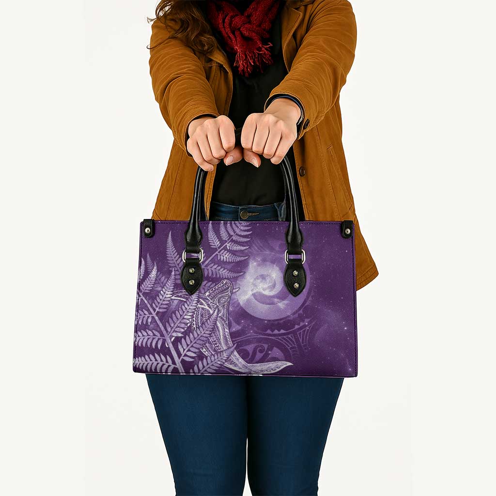 New Zealand Matariki Leather Bag Maori Koru With Humpback Whale Purple