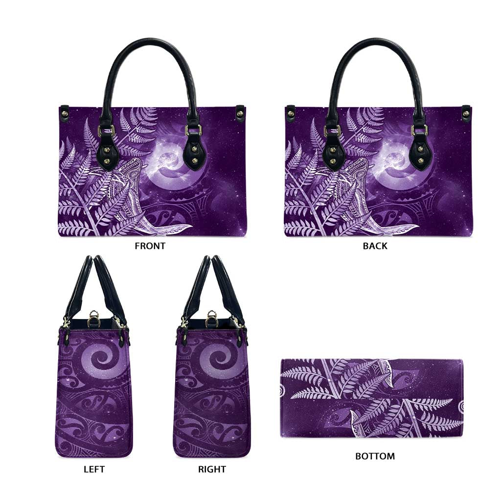 New Zealand Matariki Leather Bag Maori Koru With Humpback Whale Purple