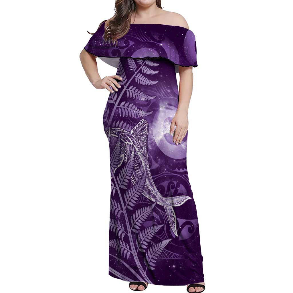 New Zealand Matariki Off Shoulder Maxi Dress Maori Koru With Humpback Whale Purple LT05 Women Purple - Polynesian Pride