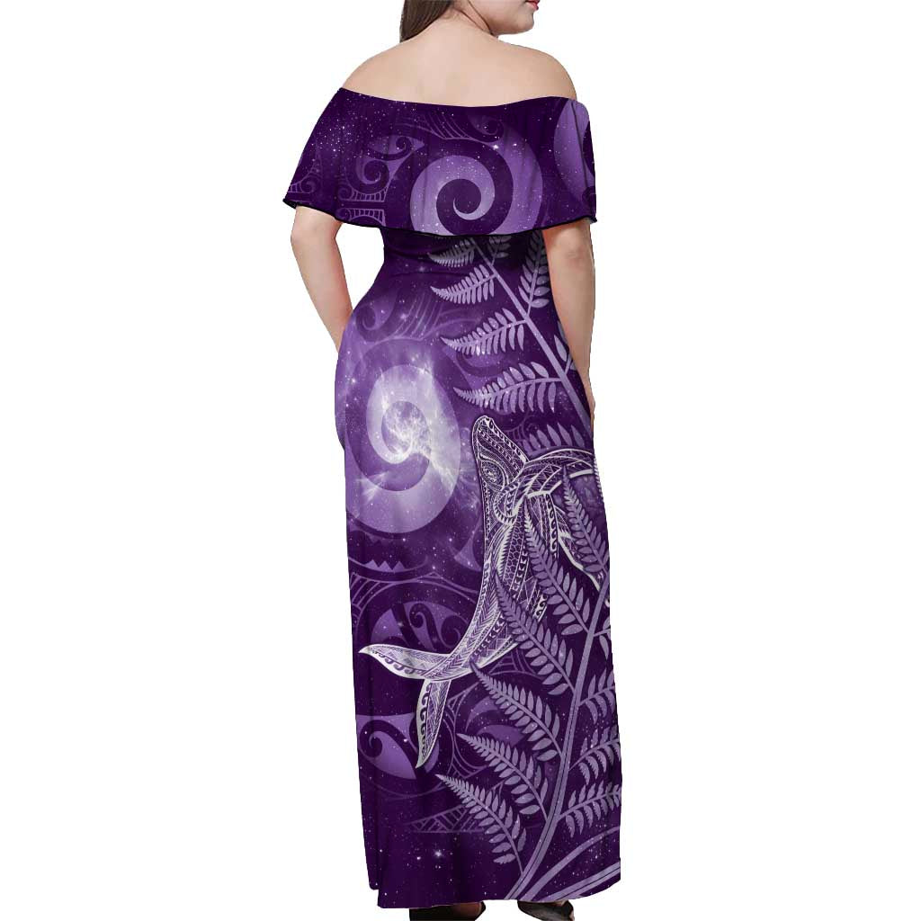 New Zealand Matariki Off Shoulder Maxi Dress Maori Koru With Humpback Whale Purple LT05 - Polynesian Pride