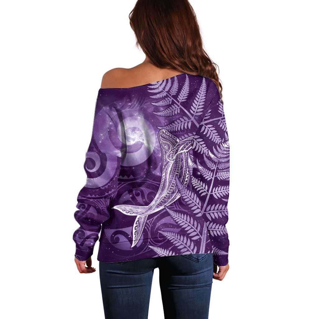 New Zealand Matariki Off Shoulder Sweater Maori Koru With Humpback Whale Purple LT05 - Polynesian Pride