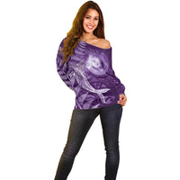 New Zealand Matariki Off Shoulder Sweater Maori Koru With Humpback Whale Purple LT05 - Polynesian Pride