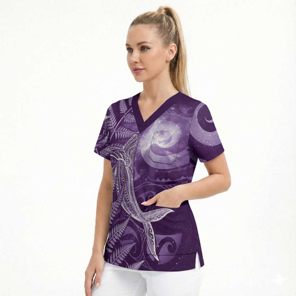 New Zealand Matariki Scrub Top Maori Koru With Humpback Whale Purple LT05 - Polynesian Pride