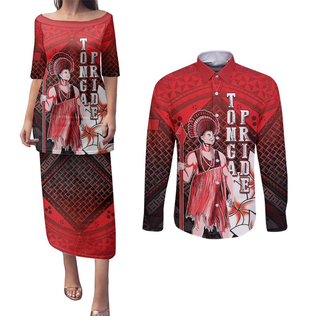 The First King Of Tonga Couples Matching Puletasi and Long Sleeve Button Shirt Tongan Pride LT05 Red - Polynesian Pride
