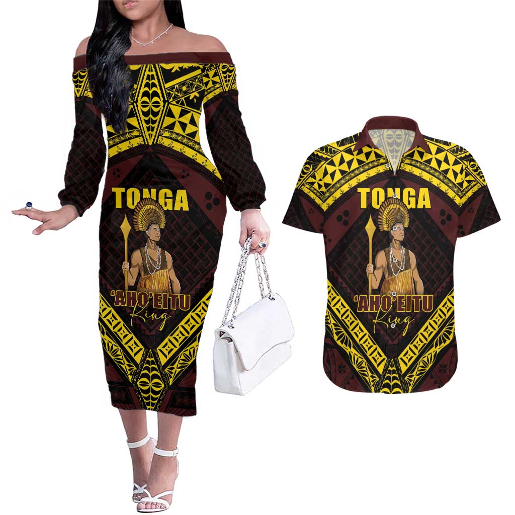 Tonga First King Couples Matching Off The Shoulder Long Sleeve Dress and Hawaiian Shirt Ahoeitu Know Your Roots LT05 Maroon - Polynesian Pride
