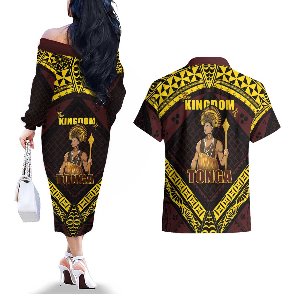 Tonga First King Couples Matching Off The Shoulder Long Sleeve Dress and Hawaiian Shirt Ahoeitu Know Your Roots LT05 - Polynesian Pride