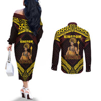 Tonga First King Couples Matching Off The Shoulder Long Sleeve Dress and Long Sleeve Button Shirt Ahoeitu Know Your Roots LT05 - Polynesian Pride