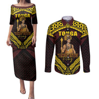 Tonga First King Couples Matching Puletasi and Long Sleeve Button Shirt Ahoeitu Know Your Roots LT05 Maroon - Polynesian Pride