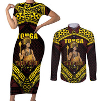 Tonga First King Couples Matching Short Sleeve Bodycon Dress and Long Sleeve Button Shirt Ahoeitu Know Your Roots LT05 Maroon - Polynesian Pride
