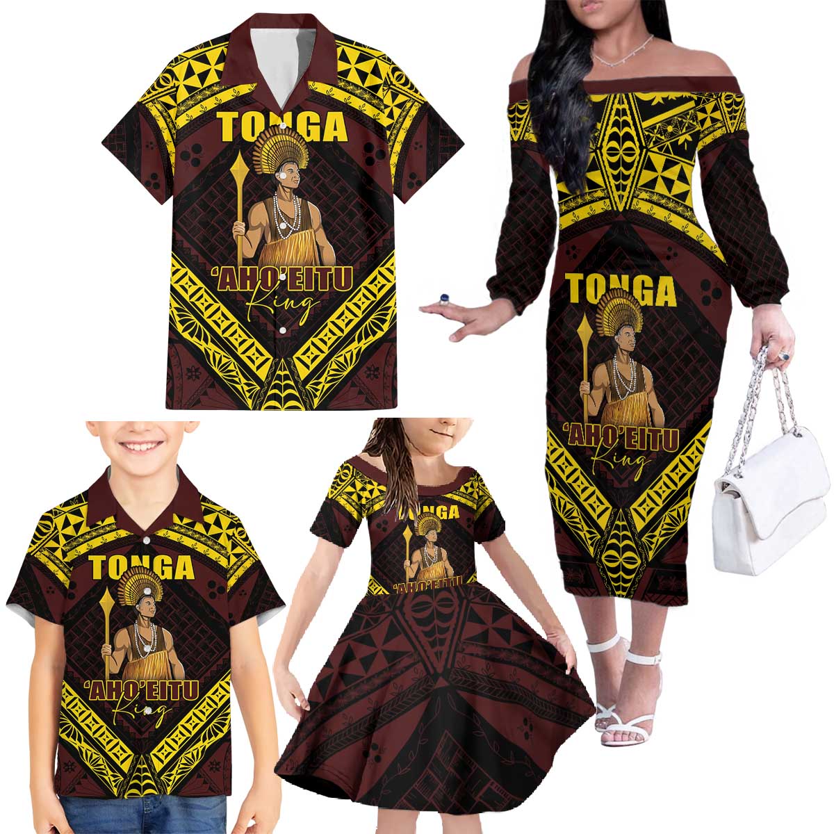 Tonga First King Family Matching Off The Shoulder Long Sleeve Dress and Hawaiian Shirt Ahoeitu Know Your Roots