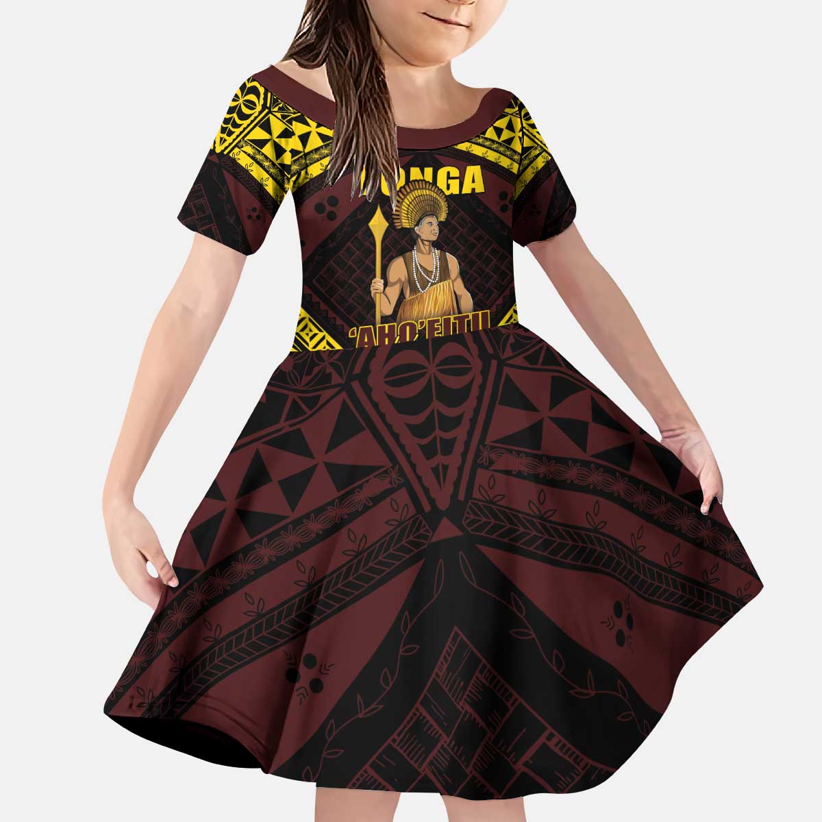 Tonga First King Kid Short Sleeve Dress Ahoeitu Know Your Roots LT05 KID Maroon - Polynesian Pride