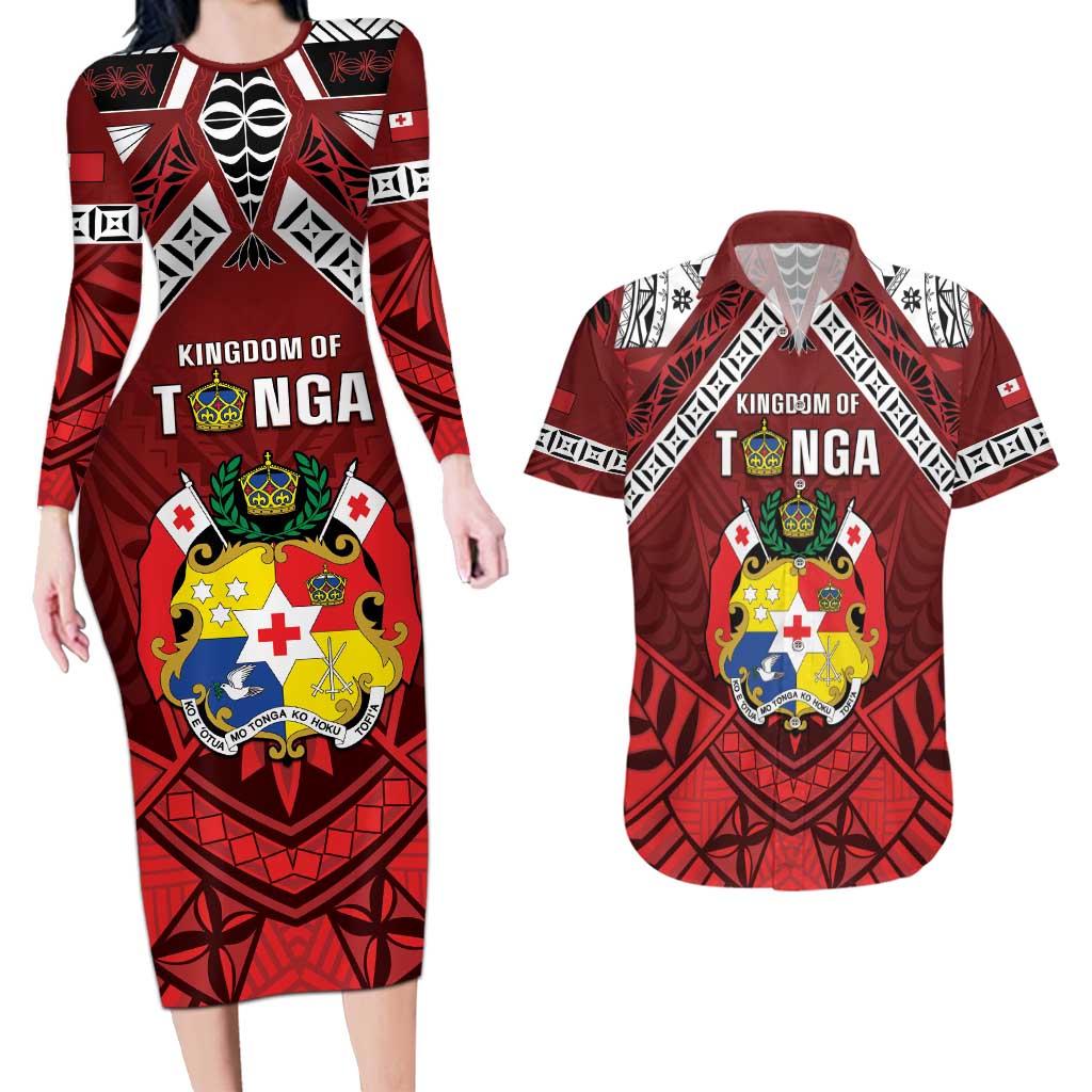 Tonga Emancipation Day Couples Matching Long Sleeve Bodycon Dress and Hawaiian Shirt Tongan Kupesi Pattern LT05 Red - Polynesian Pride