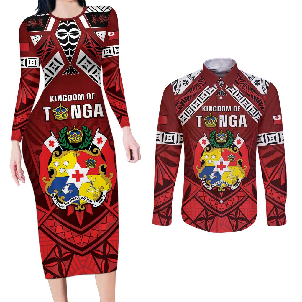 Tonga Emancipation Day Couples Matching Long Sleeve Bodycon Dress and Long Sleeve Button Shirt Tongan Kupesi Pattern LT05 Red - Polynesian Pride