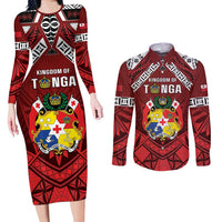 Tonga Emancipation Day Couples Matching Long Sleeve Bodycon Dress and Long Sleeve Button Shirt Tongan Kupesi Pattern LT05 Red - Polynesian Pride