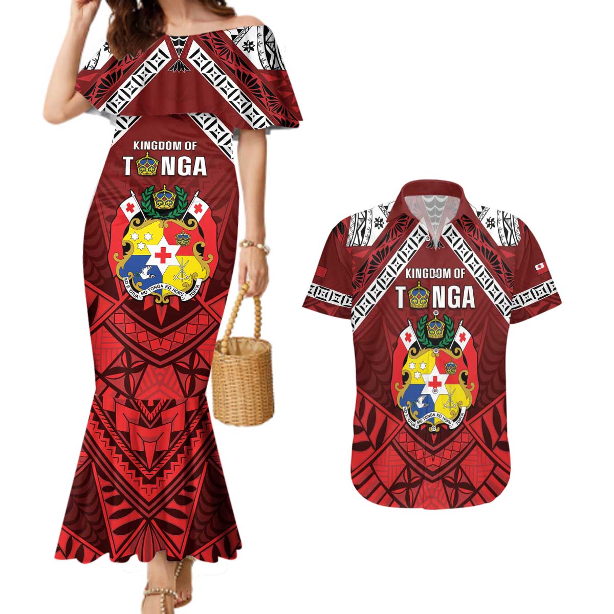 Tonga Emancipation Day Couples Matching Mermaid Dress and Hawaiian Shirt Tongan Kupesi Pattern LT05 Red - Polynesian Pride