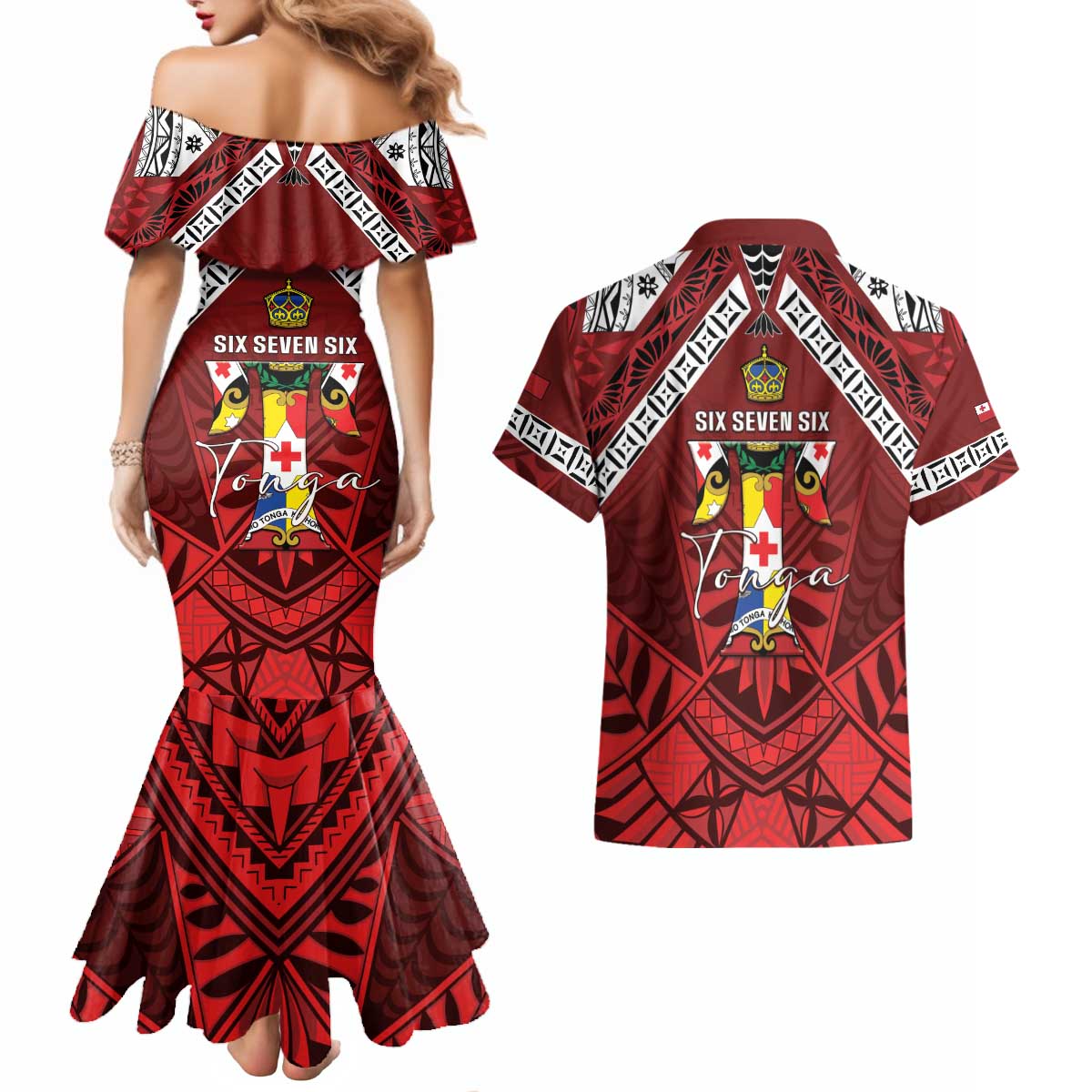 Tonga Emancipation Day Couples Matching Mermaid Dress and Hawaiian Shirt Tongan Kupesi Pattern LT05 - Polynesian Pride