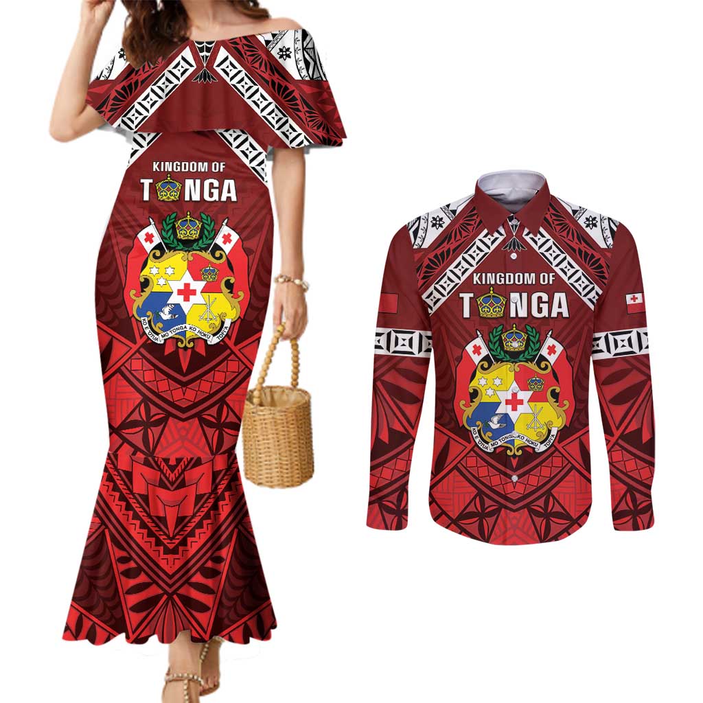 Tonga Emancipation Day Couples Matching Mermaid Dress and Long Sleeve Button Shirt Tongan Kupesi Pattern LT05 Red - Polynesian Pride