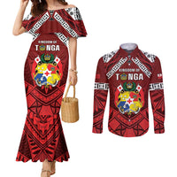 Tonga Emancipation Day Couples Matching Mermaid Dress and Long Sleeve Button Shirt Tongan Kupesi Pattern LT05 Red - Polynesian Pride