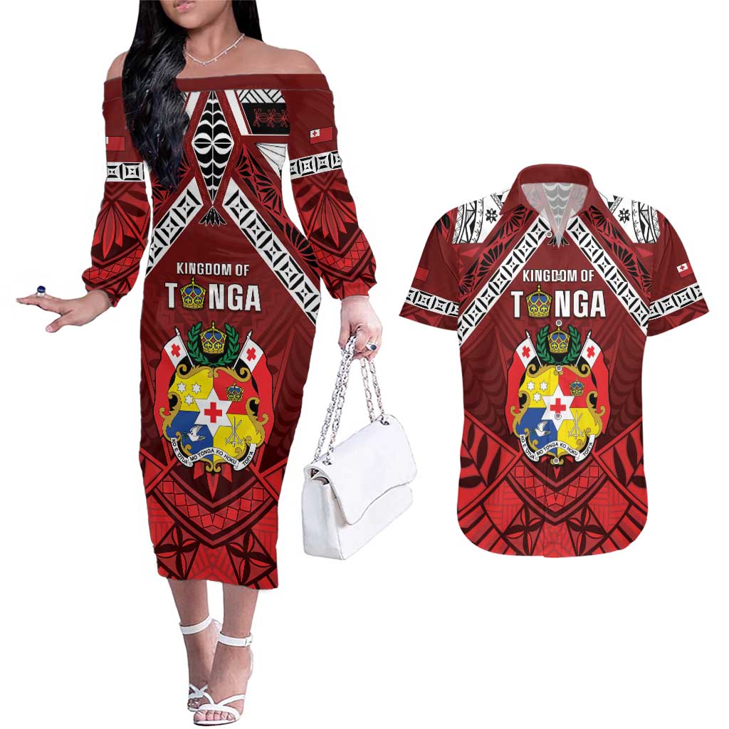 Tonga Emancipation Day Couples Matching Off The Shoulder Long Sleeve Dress and Hawaiian Shirt Tongan Kupesi Pattern