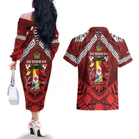 Tonga Emancipation Day Couples Matching Off The Shoulder Long Sleeve Dress and Hawaiian Shirt Tongan Kupesi Pattern LT05 - Polynesian Pride