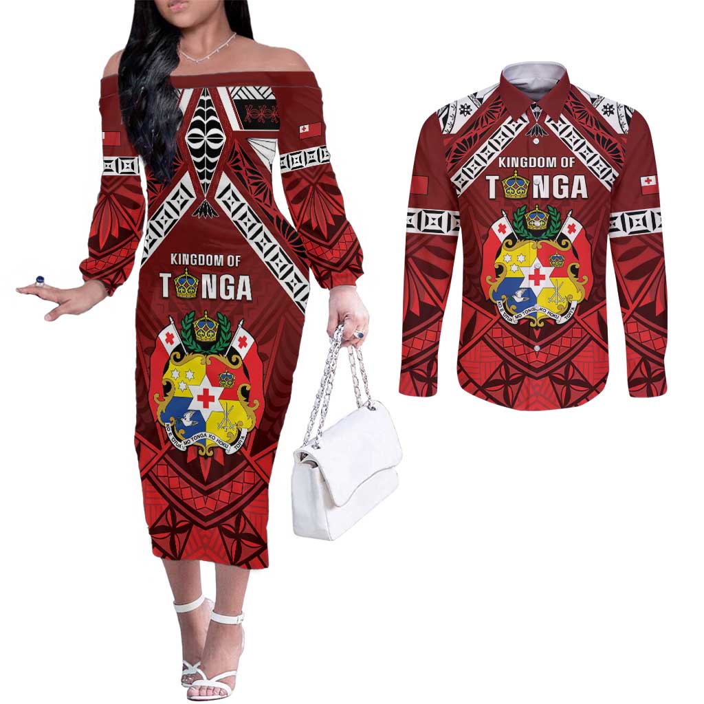 Tonga Emancipation Day Couples Matching Off The Shoulder Long Sleeve Dress and Long Sleeve Button Shirt Tongan Kupesi Pattern LT05 Red - Polynesian Pride