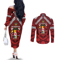 Tonga Emancipation Day Couples Matching Off The Shoulder Long Sleeve Dress and Long Sleeve Button Shirt Tongan Kupesi Pattern LT05 - Polynesian Pride