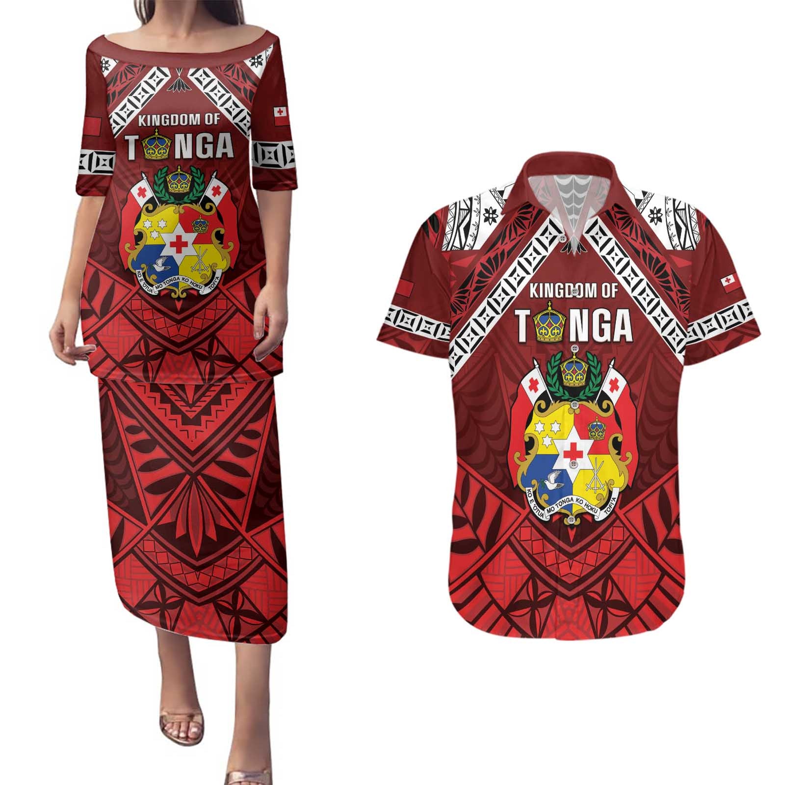 Tonga Emancipation Day Couples Matching Puletasi and Hawaiian Shirt Tongan Kupesi Pattern LT05 Red - Polynesian Pride