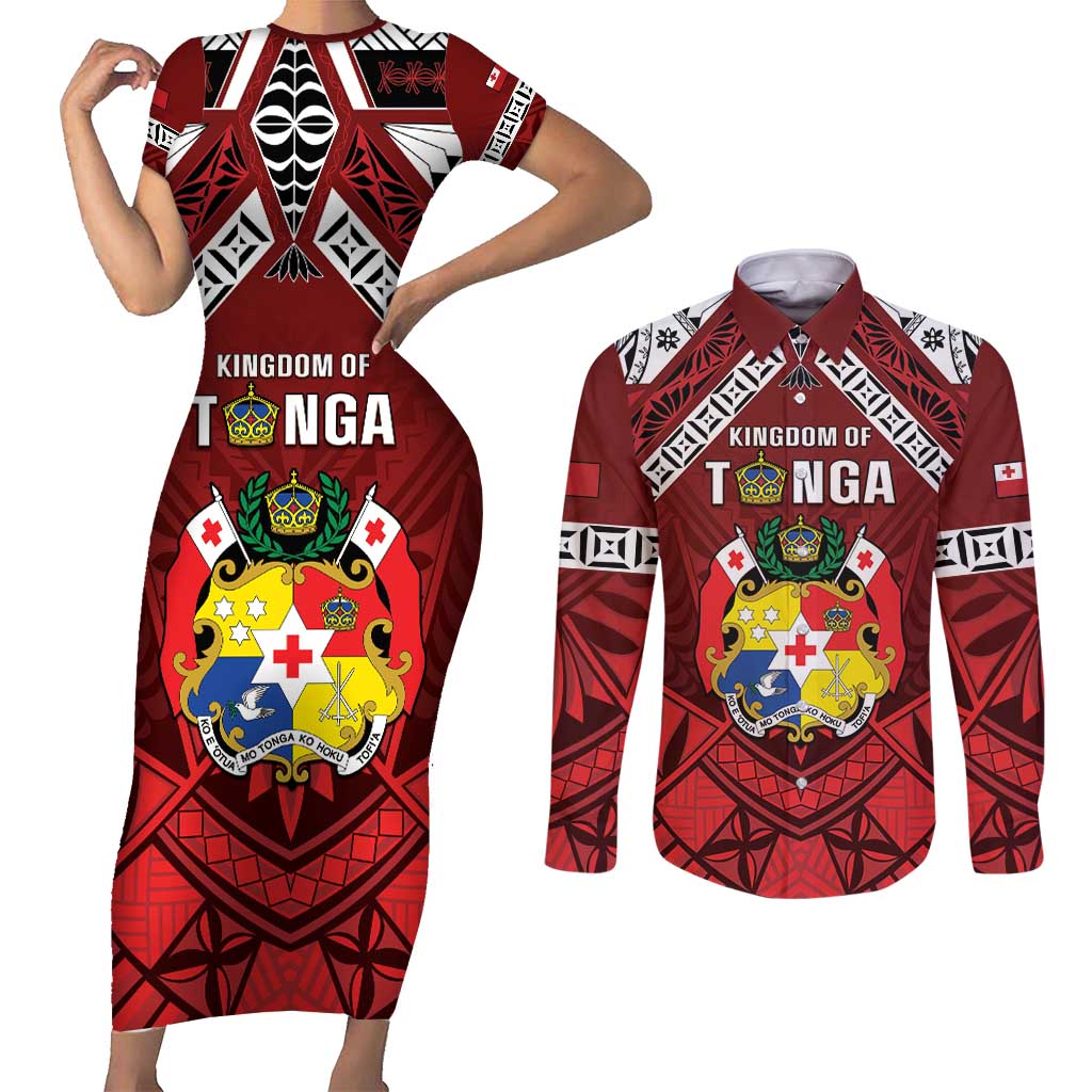 Tonga Emancipation Day Couples Matching Short Sleeve Bodycon Dress and Long Sleeve Button Shirt Tongan Kupesi Pattern LT05 Red - Polynesian Pride