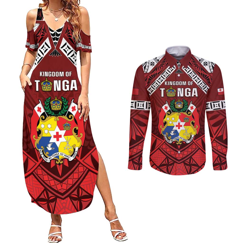 Tonga Emancipation Day Couples Matching Summer Maxi Dress and Long Sleeve Button Shirt Tongan Kupesi Pattern LT05 Red - Polynesian Pride