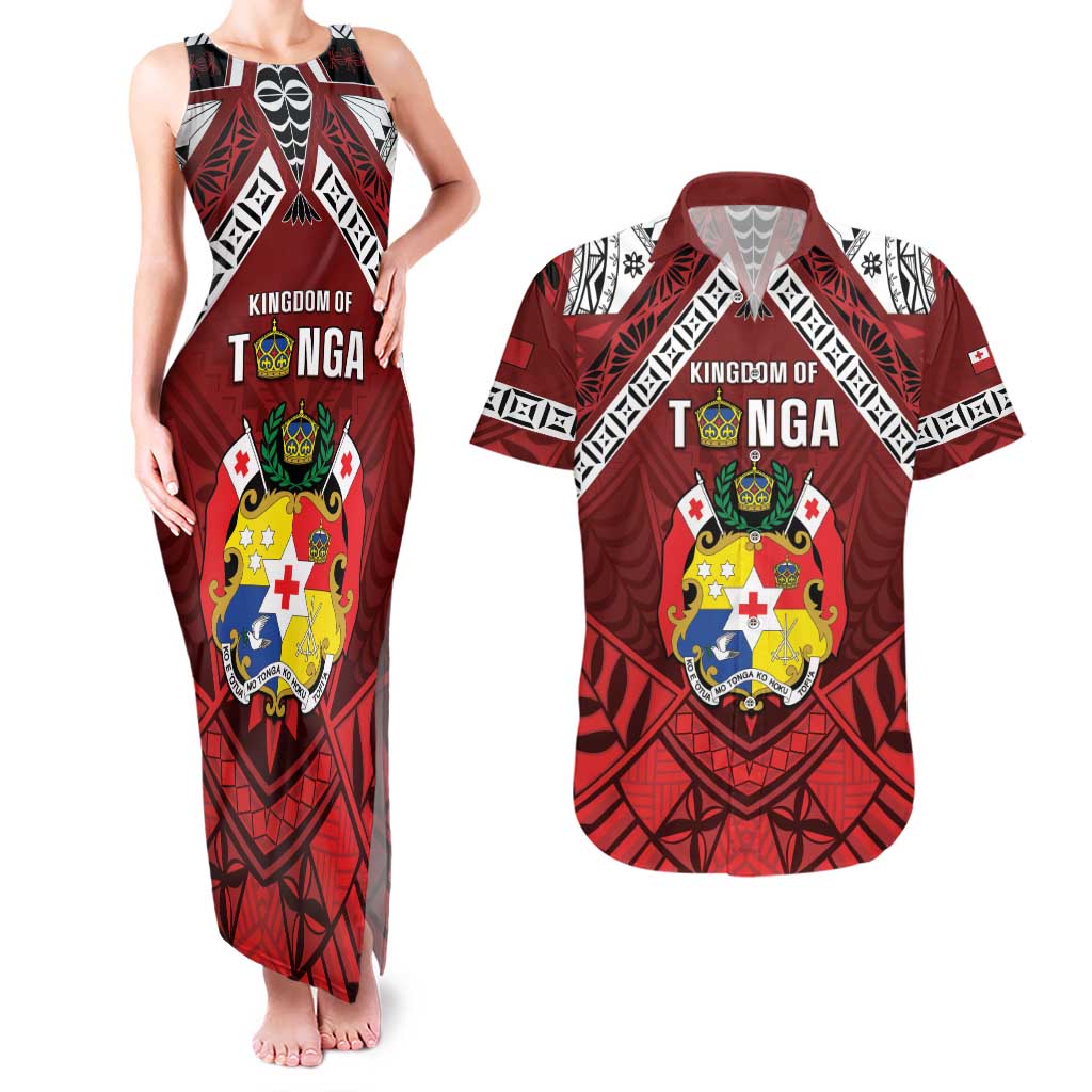 Tonga Emancipation Day Couples Matching Tank Maxi Dress and Hawaiian Shirt Tongan Kupesi Pattern LT05 Red - Polynesian Pride