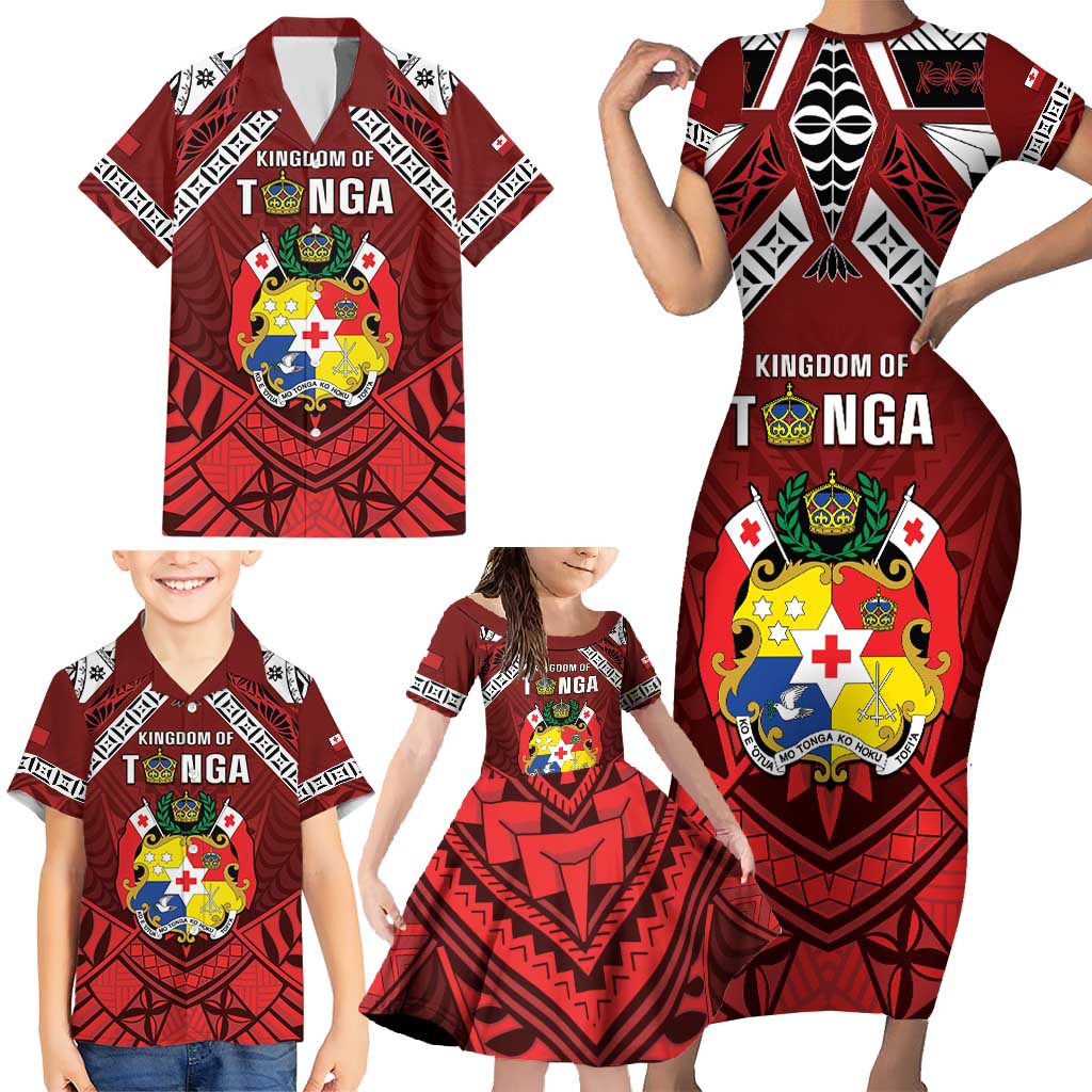 Tonga Emancipation Day Family Matching Short Sleeve Bodycon Dress and Hawaiian Shirt Tongan Kupesi Pattern